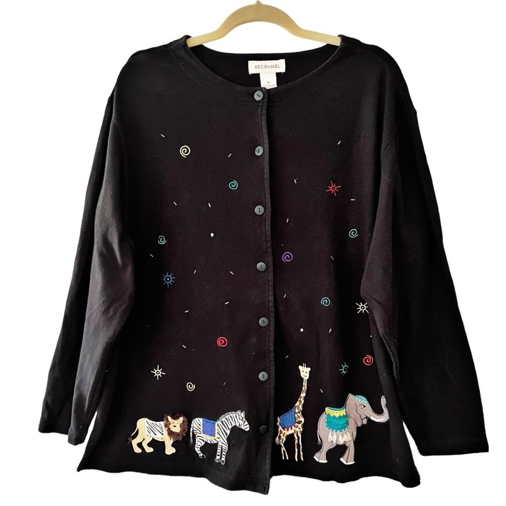 Bechamel Appliqué Embroidered Jungle Animal Black Knit Cardigan Jacket Size XL